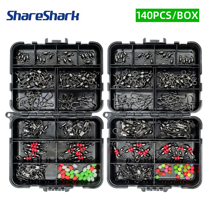 Fishing Lure Box - ShareShark 140個釣りアクセサリーセット、ルアーフィッシングスイベルストッパービーズ（ブラックボックス付き）、釣り人向け